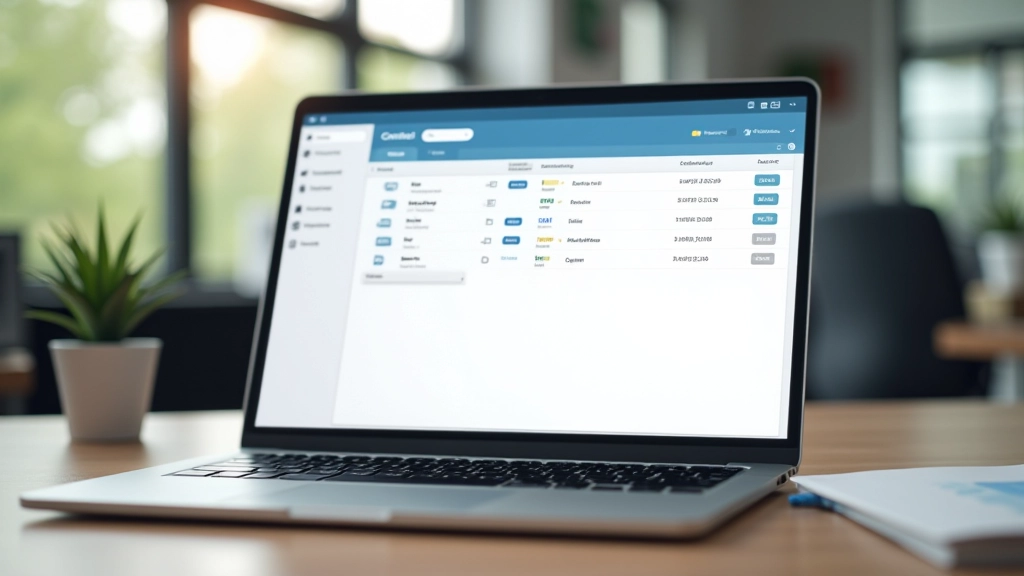 Nešiojamojo kompiuterio ekranas rodantis CRM kontaktų sąrašą ir detalią kliento informaciją