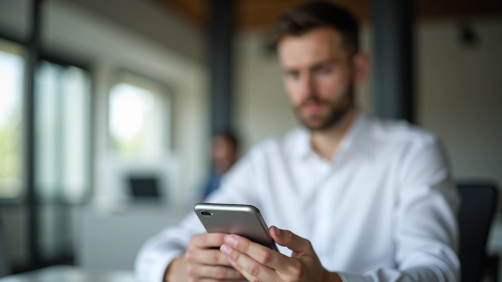 Vyras naudoja mobilųjį telefoną ir išsiunčia personalizuotas žinutes savo klientams