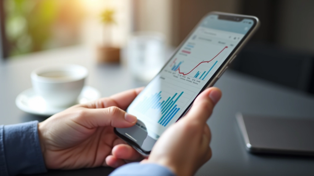 Išmanus telefonas rodantis socialinių tinklų statistiką, grafikus ir pasikeitimus, žalias fonas